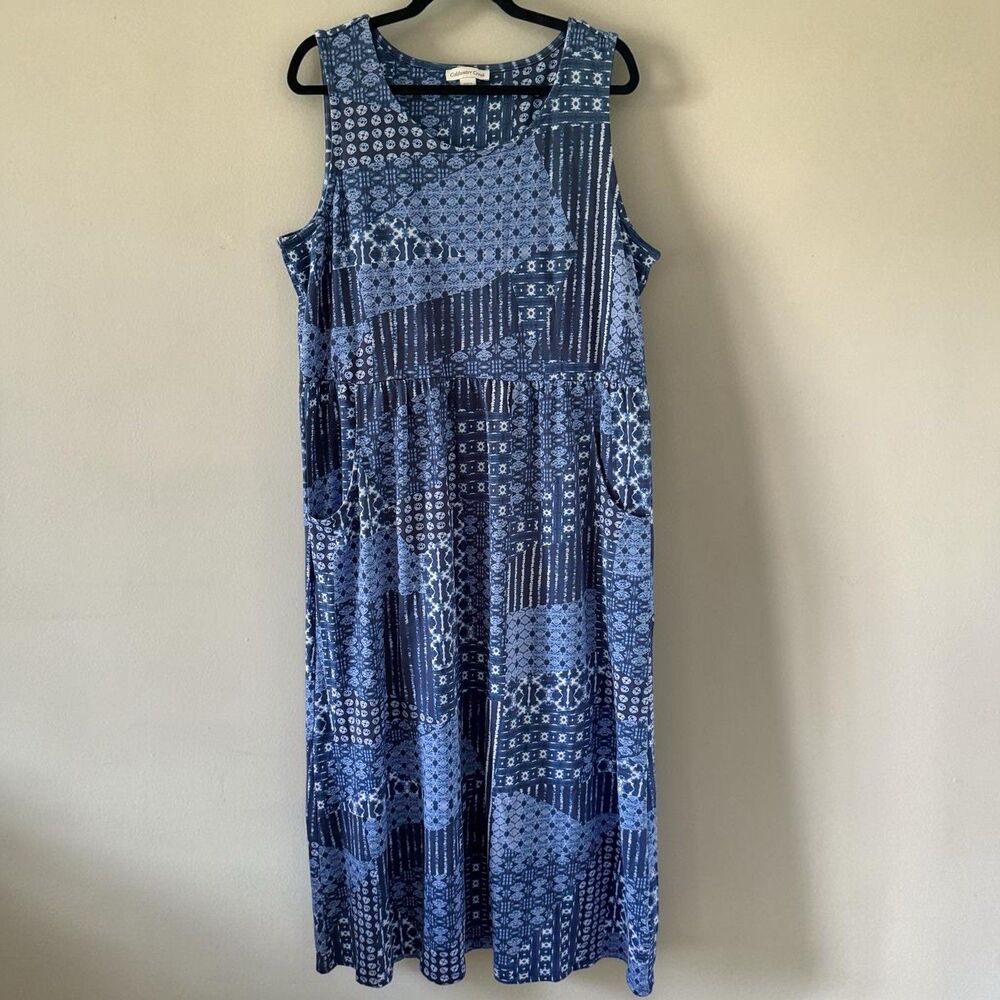 Coldwater Creek Blue Sleeveless Maxi Geometric Patchwork Pima Dress Pockets XL